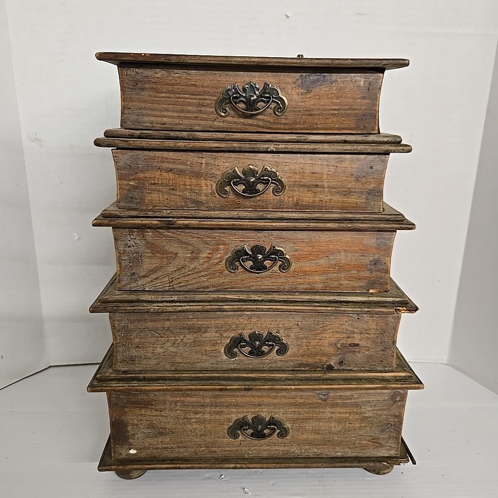 Antique Chinese Wood Carved 5 Drawer Pagoda Handle Storage Jewelry Box
